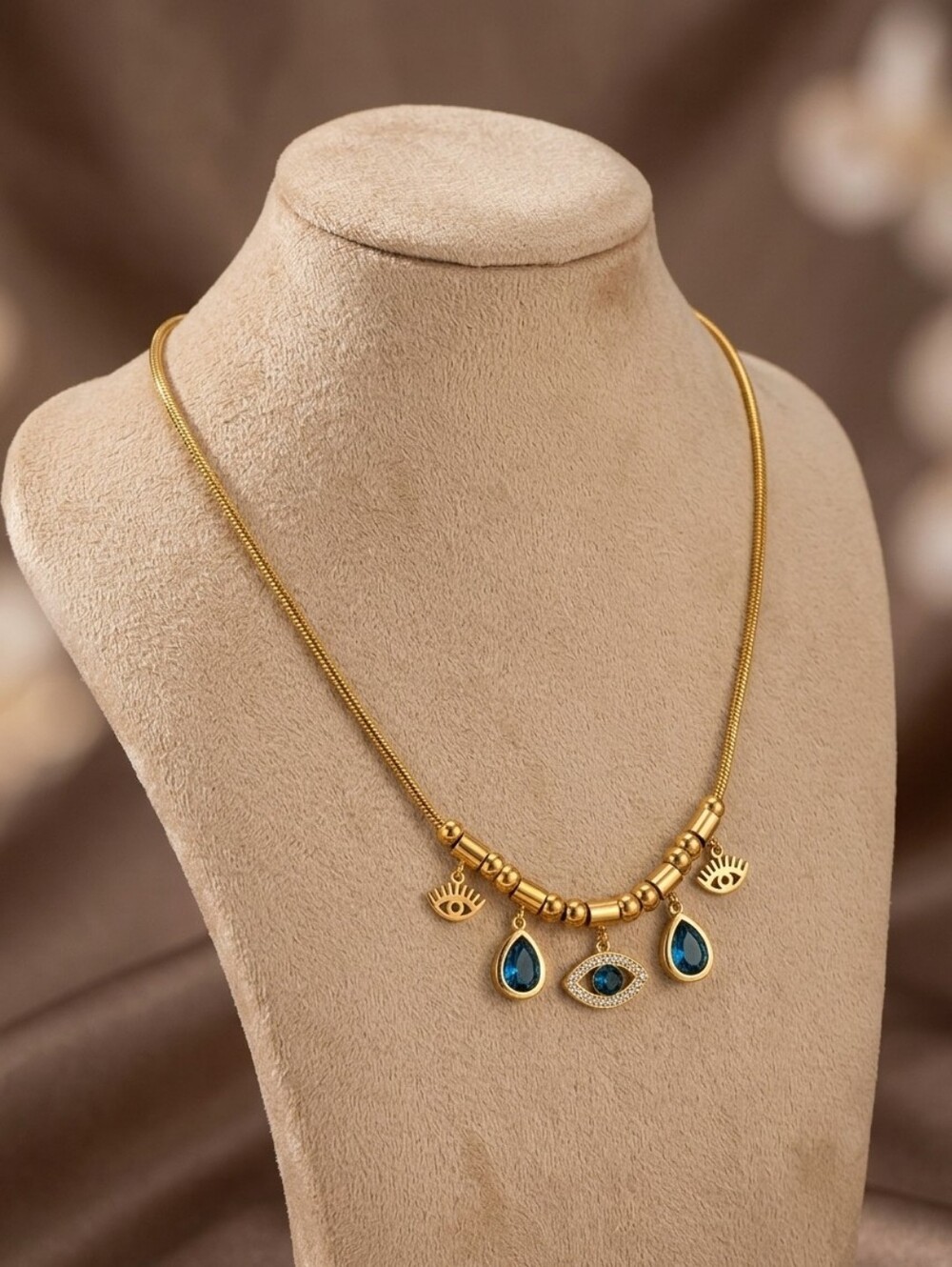 Gold Evil Eye Charm Necklace Blue Crystal Drop Pendant